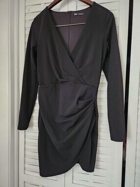 Zara Black Long Sleeve Draped Wrap-Front Dress